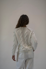 ROUND NECK PULLOVER COTTON STITCH CABLE KNIT - WHITE