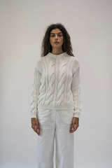 ROUND NECK PULLOVER COTTON STITCH CABLE KNIT - WHITE