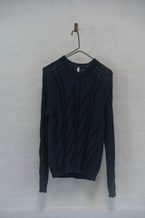 ROUND NECK PULLOVER COTTON STITCH CABLE KNIT - NAVY