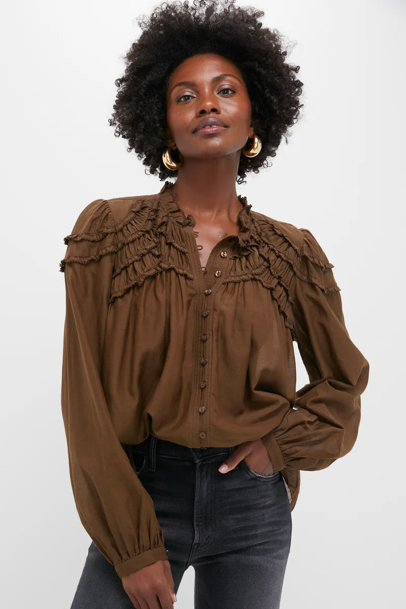トップス Yoli Frilled blouse for gather / Brown CHRISTA BLOUSE - DARK KHAKI – Heist