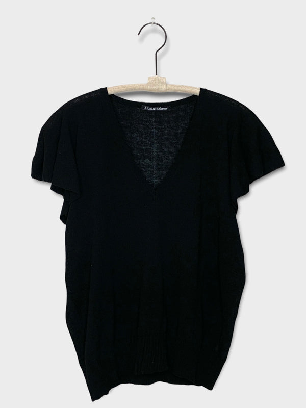 KNITTED V-NECK WITH TRIM- BLACK