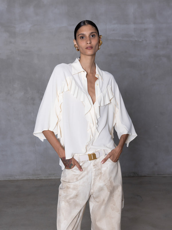 ACETATE BLOUSE WITH FLOUNCE DETAILS - CREAM