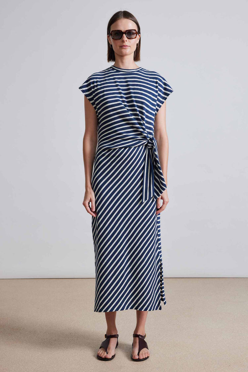 VANINA CINCHED WAIST DRESS - NAVY & CREAM STRIPE