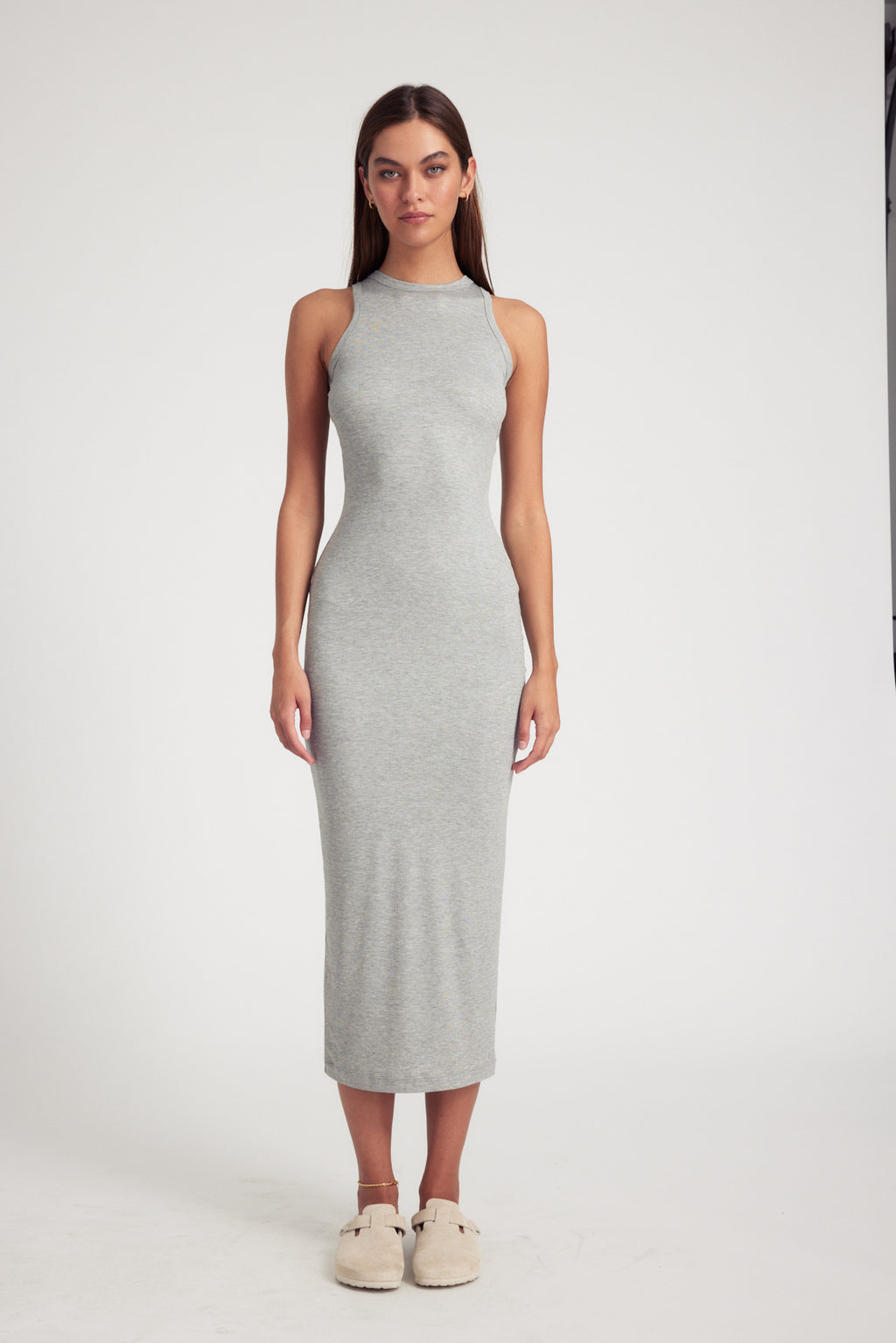 RIB RACER MAXI DRESS - HEATHER GREY