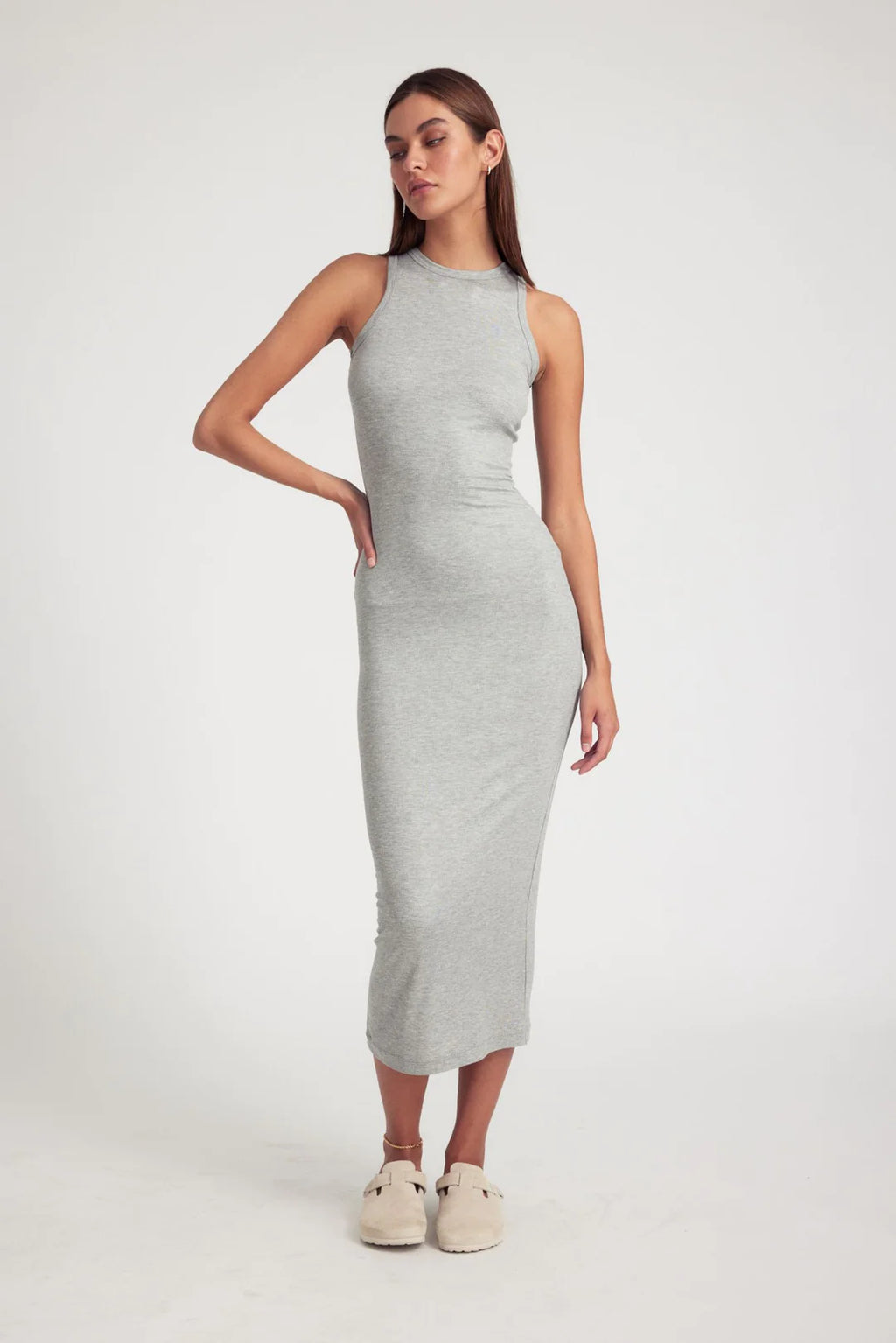 RIB RACER MAXI DRESS - HEATHER GREY