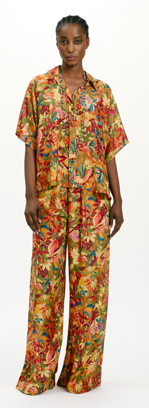 ASPEN PANTS IN PRINTED HABOTAI SILK - MULTICOLOR ORANGE