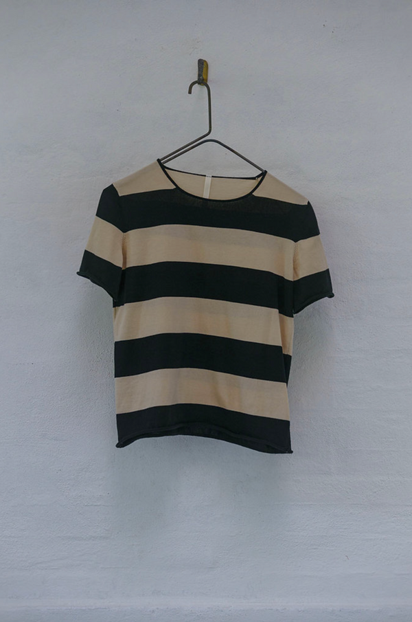 SHORT SLEEVE SWEATER PIMA COTTON - BLACK + OAT