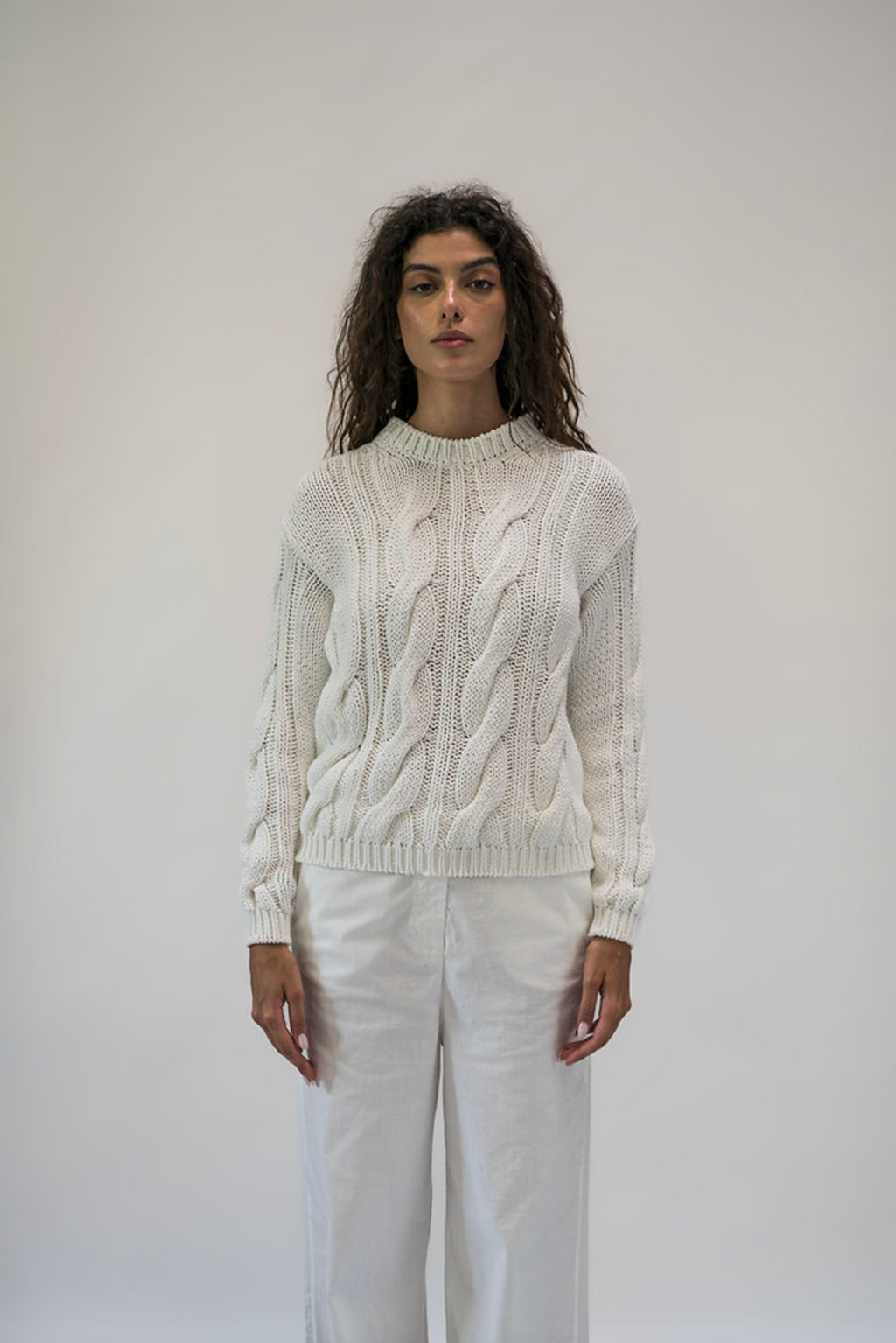 ROUND NECK PULLOVER COTTON STITCH CABLE KNIT - WHITE