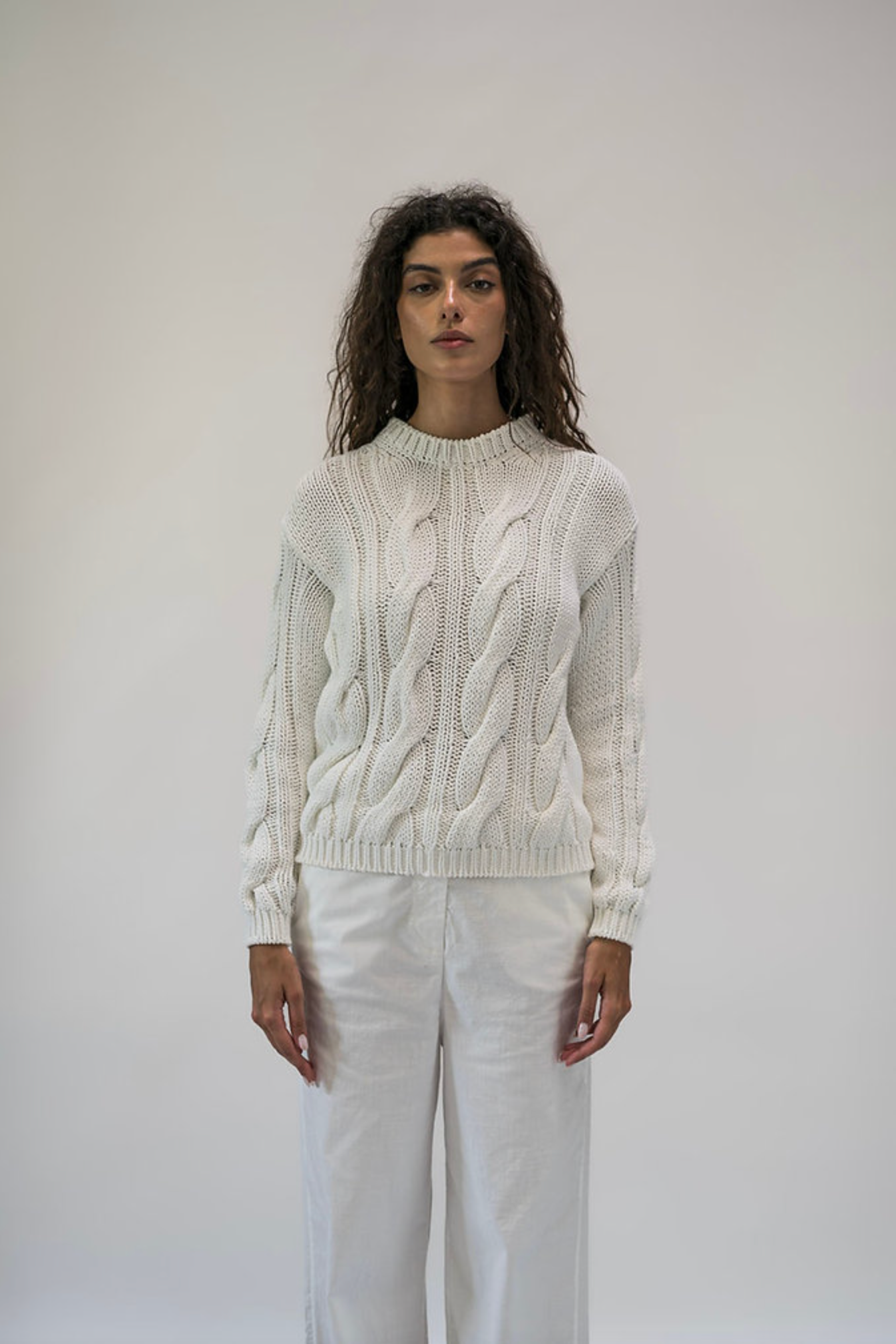 ROUND NECK PULLOVER COTTON STITCH CABLE KNIT - WHITE