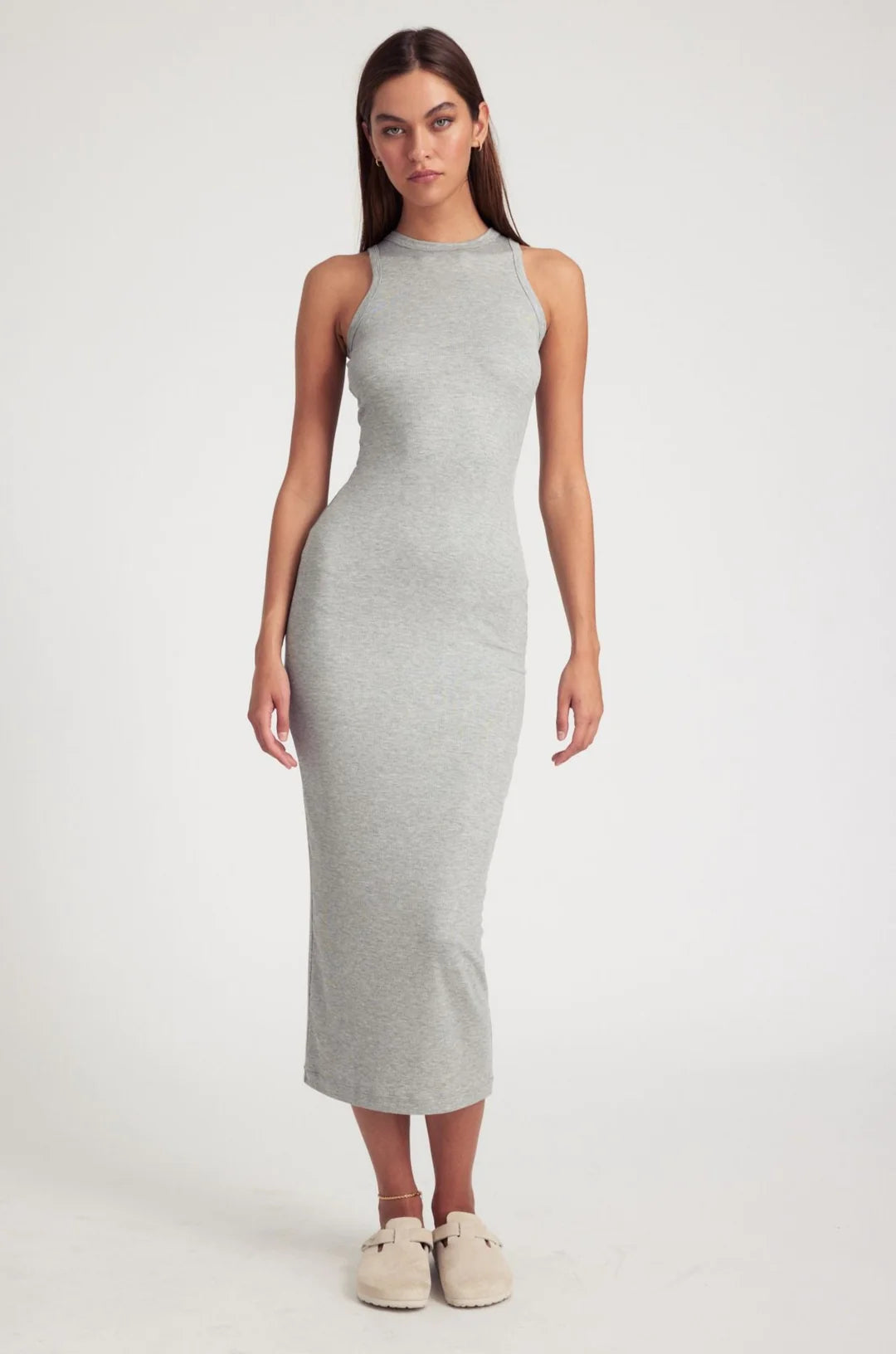 RIB RACER MAXI DRESS - HEATHER GREY