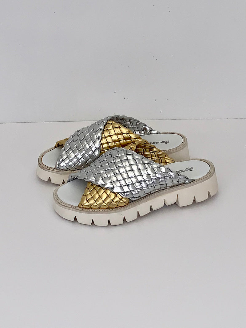 METALLIC WOVEN CROSS STRAP - METTALIC